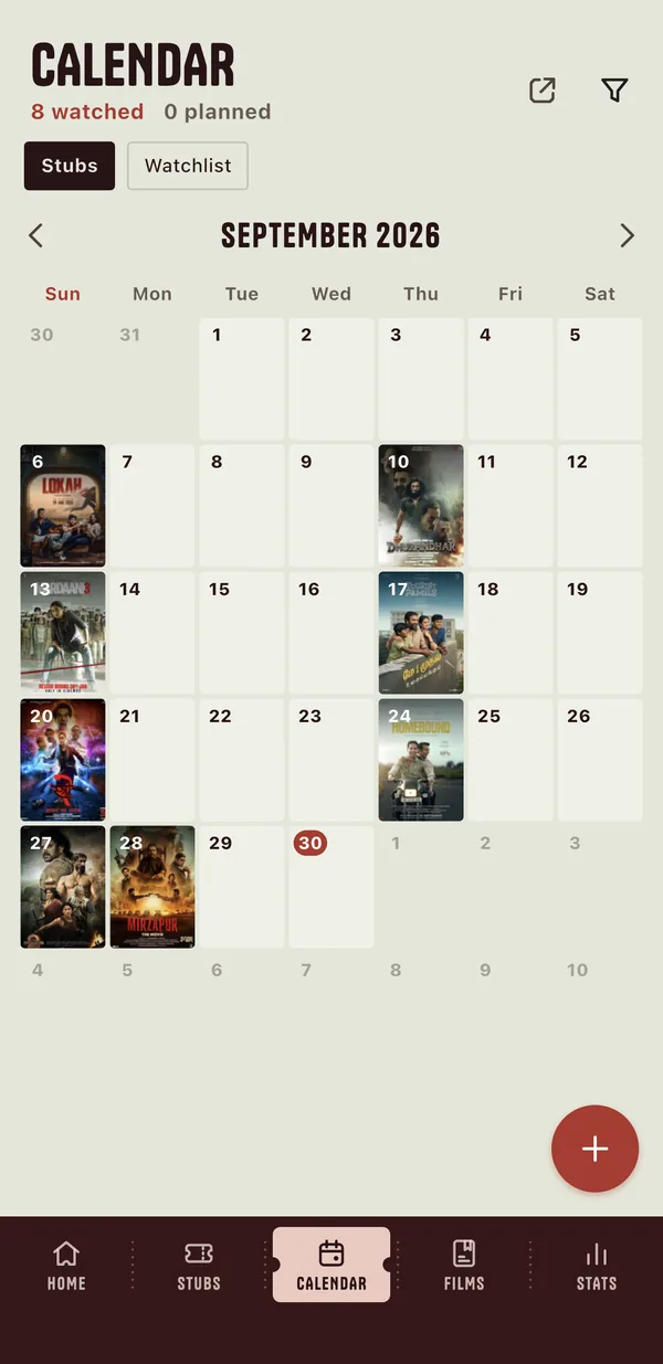 Calendar with film posters on the days they were watched