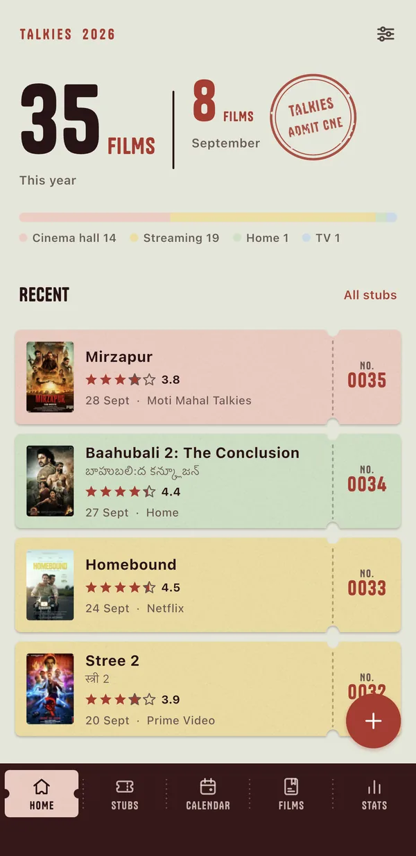 Talkies home screen with recent ticket stubs