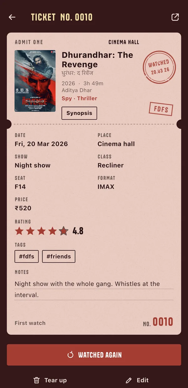 A ticket stub with date, show, class, seat, format and price